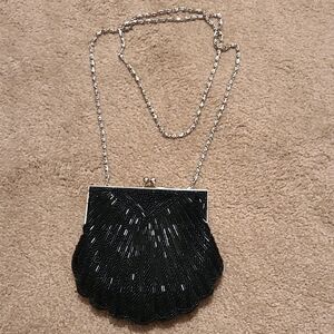 Elegant Black Beaded Clutch Or Shoulder Bag With Chain